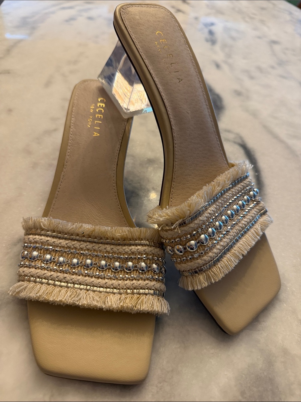 CECELIA NEW YORK Beige Embellished Fringe CINDER Slide Mules 7.5 - Picture 1 of 12